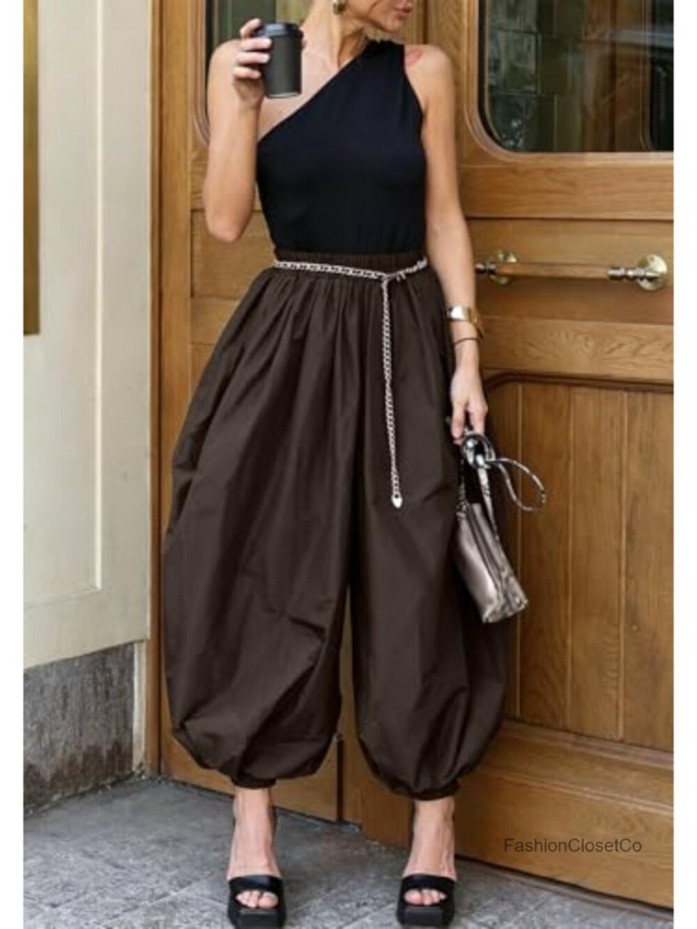 Women's High Rise Harem Pants Drawstring Elastic Waist Pockets Wide Leg - Picture 3 of 5